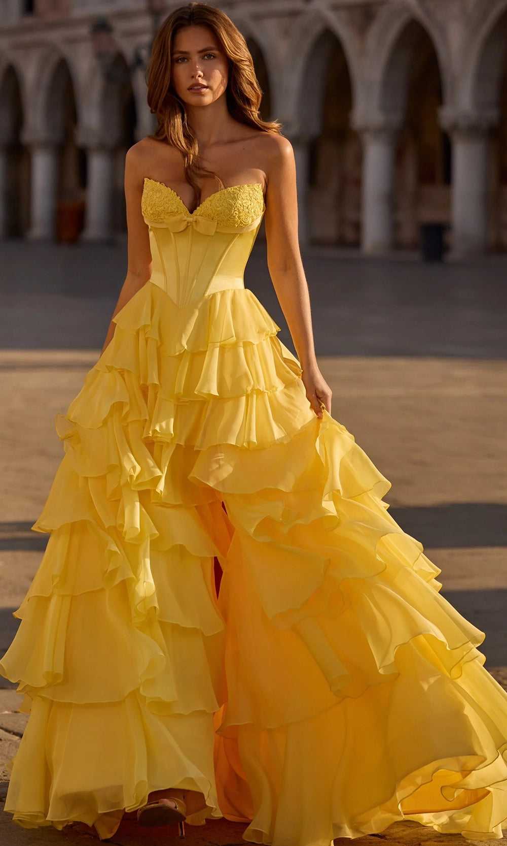 Sherri Hill 57586 - Long Silk, Chiffon Ballgown Dress - Strapless, Lace Appliques, Bow Accent, High Slit, Tiered Ruffle Skirt, Sweep Train 00 / Sherri Hill 57586 - Long Silk, Chiffon Ballgown Dress - Strapless, Lace Appliques, Bow Accent, High Slit, Tiered Ruffle Skirt, Sweep Train 00 /