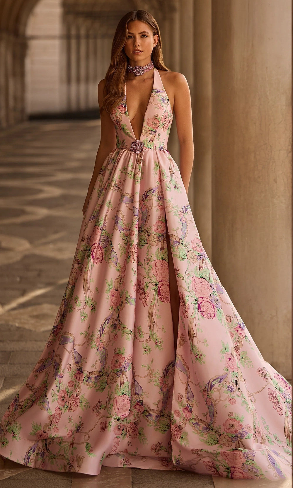 Sherri Hill 57600 - Long A-Line Dress - Plunging V Front, Low Open Back, Floral Print, Beaded Brooch, High Slit, Sweep Train, Beaded Choker 2 / Sherri Hill 57600 - Long A-Line Dress - Plunging V Front, Low Open Back, Floral Print, Beaded Brooch, High Slit, Sweep Train, Beaded Choker 2 /