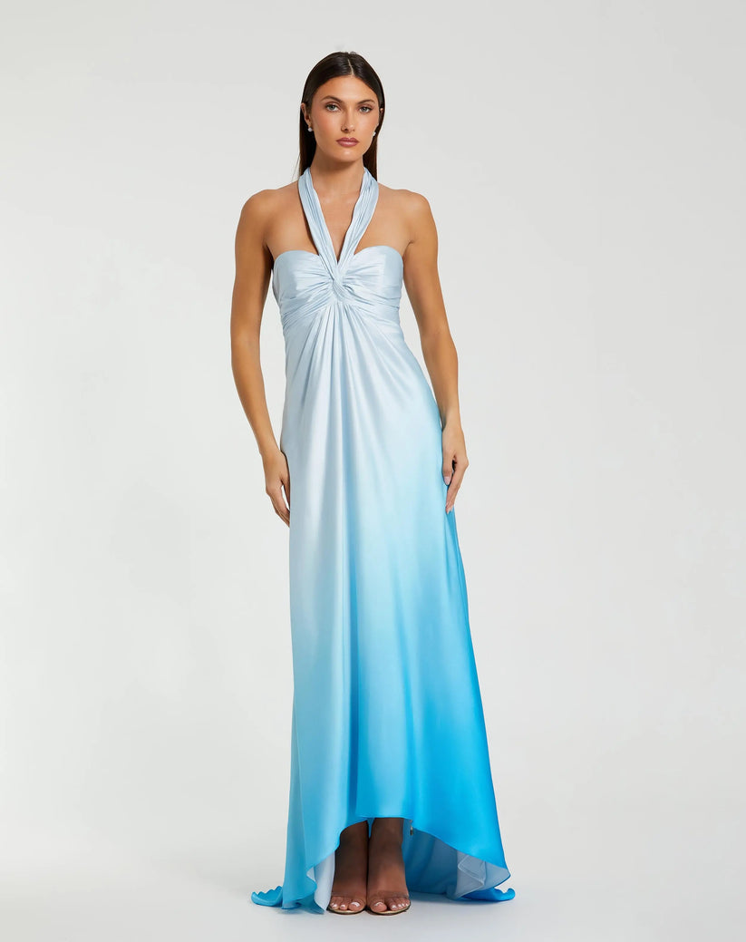 Ieena for Mac Duggal - Pink Charmeuse Tie Halter Neck Ombre Gown - US 2 Ieena for Mac Duggal - Pink Charmeuse Tie Halter Neck Ombre Gown - US 2