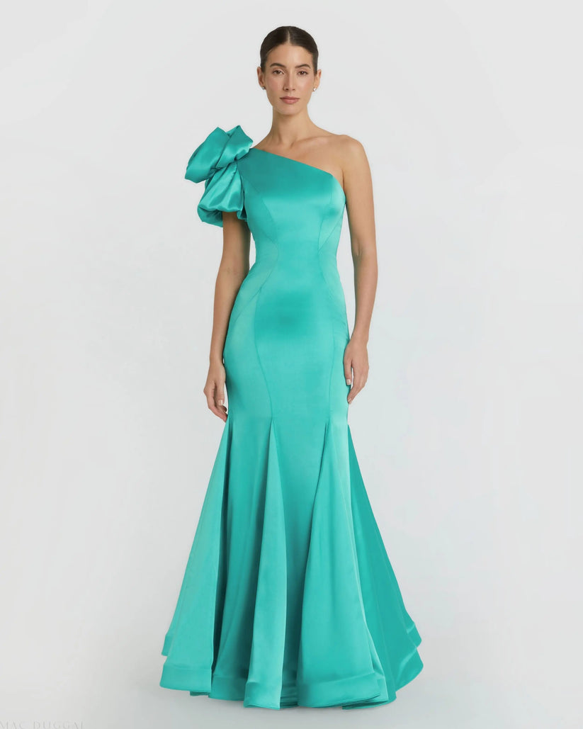 mac duggal mermaid dress Green One Shoulder Bustier Satin Mermaid Gown