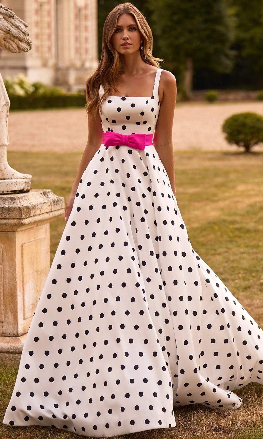 Sherri Hill 57748 - Long A-Line Dress - Polka Dot Print, Sleeveless, Bow Waist Detail, Scoop Back, Concealed Back Zipper, Sweep Train 00 / Ivory/Black Sherri Hill 57748 - Long A-Line Dress - Polka Dot Print, Sleeveless, Bow Waist Detail, Scoop Back, Concealed Back Zipper, Sweep Train 00 / Ivory/Black