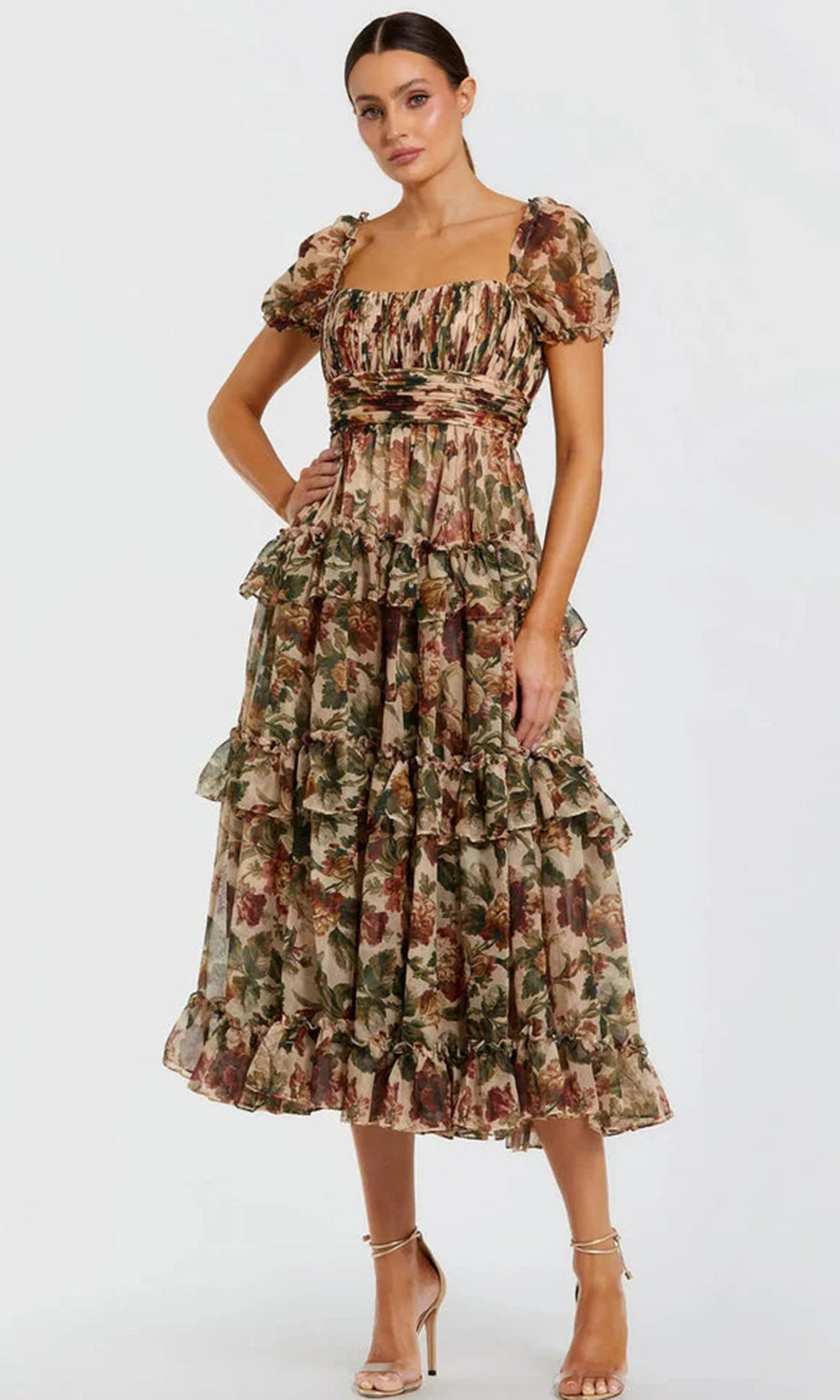 Mac Duggal Women's Chiffon Puff Sleeve A Line Midi Dress with Ruffles