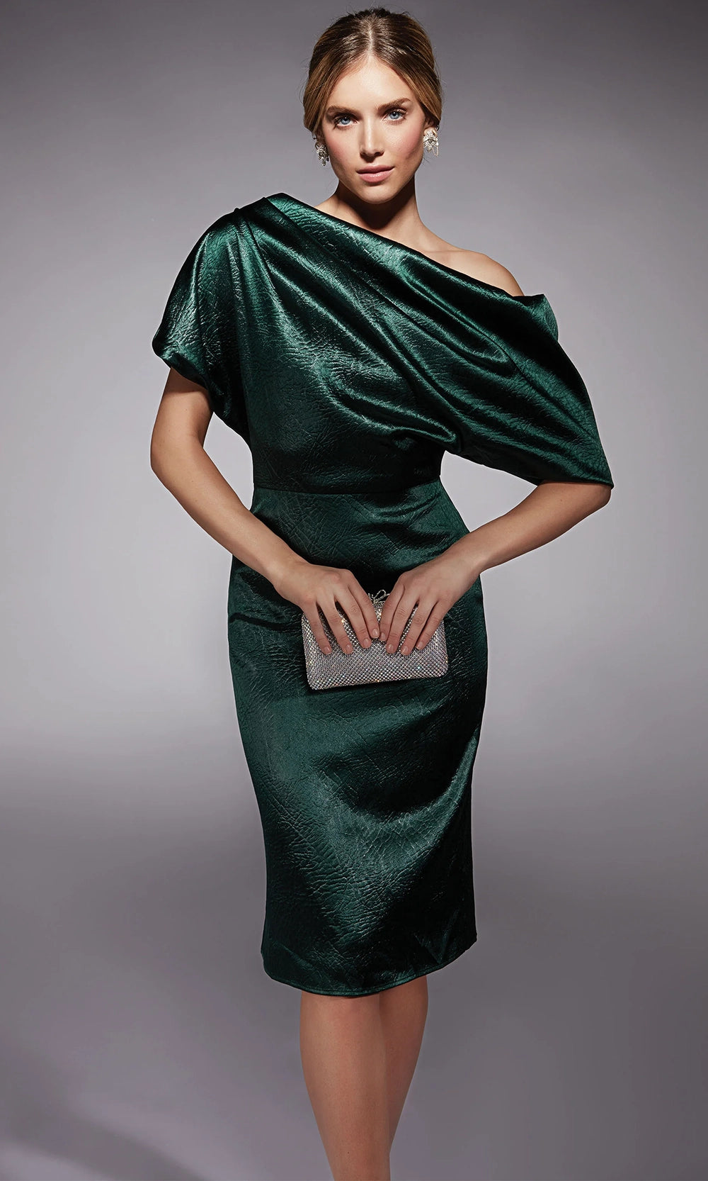 Alyce Paris 70060 - Knee-length Textured Charmeuse Sheath Dress - Draped Bodice, Short Dolman Sleeves, Fitted Silhouette, Midrise Back, Concealed Back Alyce Paris 70060 - Knee-length Textured Charmeuse Sheath Dress - Draped Bodice, Short Dolman Sleeves, Fitted Silhouette, Midrise Back, Concealed Back