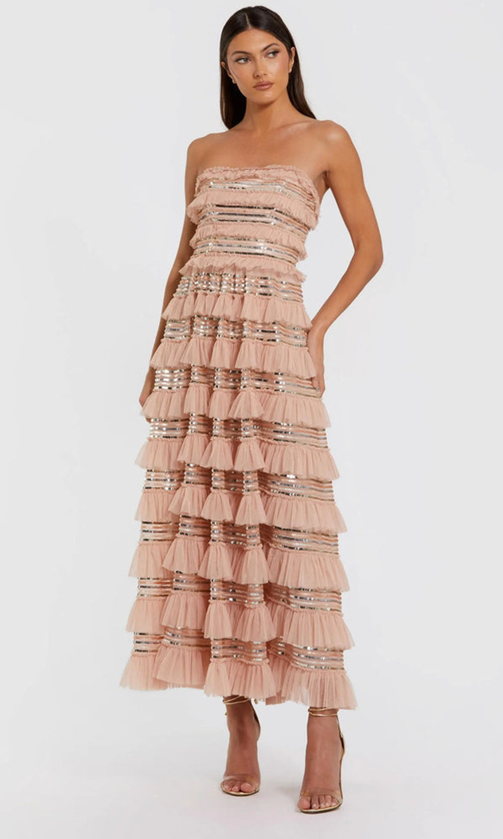 mac duggal tiered ruffle party dress Long Sleeve Ruffle Tiered Midi Dress