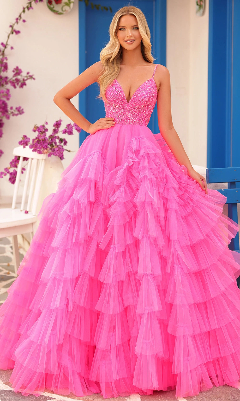 beaded ruffle tulle dress Nude Strapless Plunging Beaded Ruffle Tulle Slit Prom Dress
