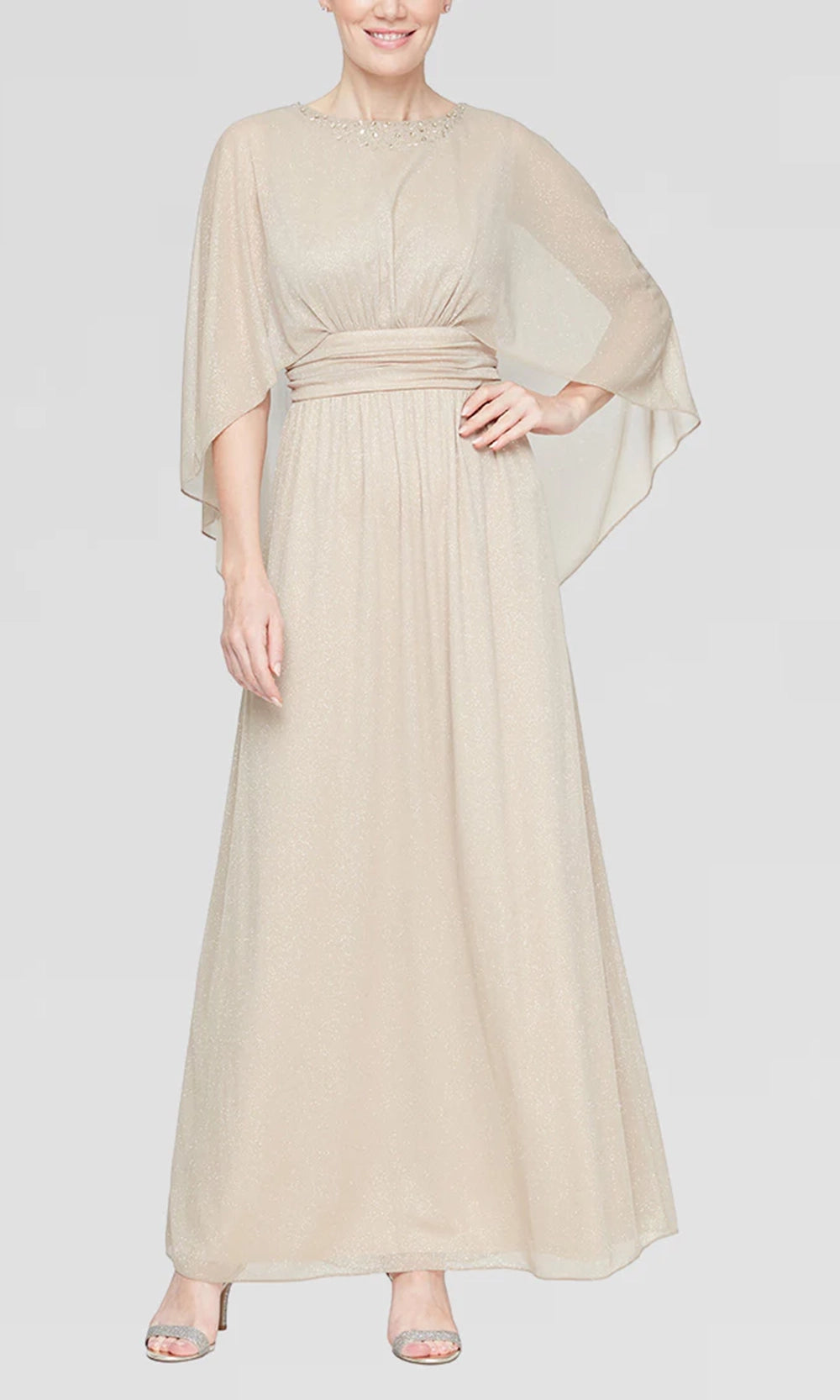S.L. Fashions 9233253 - Long 100% Polyester A-line Dress - Capelet Sleeve Overlay, Beaded, Ruched Waistband, Full Back, Soft Flowy Skirt Couture Candy S.L. Fashions 9233253 - Long 100% Polyester A-line Dress - Capelet Sleeve Overlay, Beaded, Ruched Waistband, Full Back, Soft Flowy Skirt Couture Candy