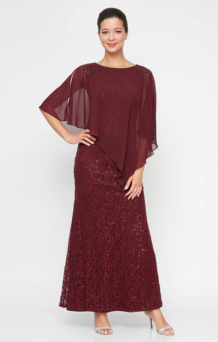 SL FASHIONS Chiffon-Overlay Sequin Lace Gown - Navy