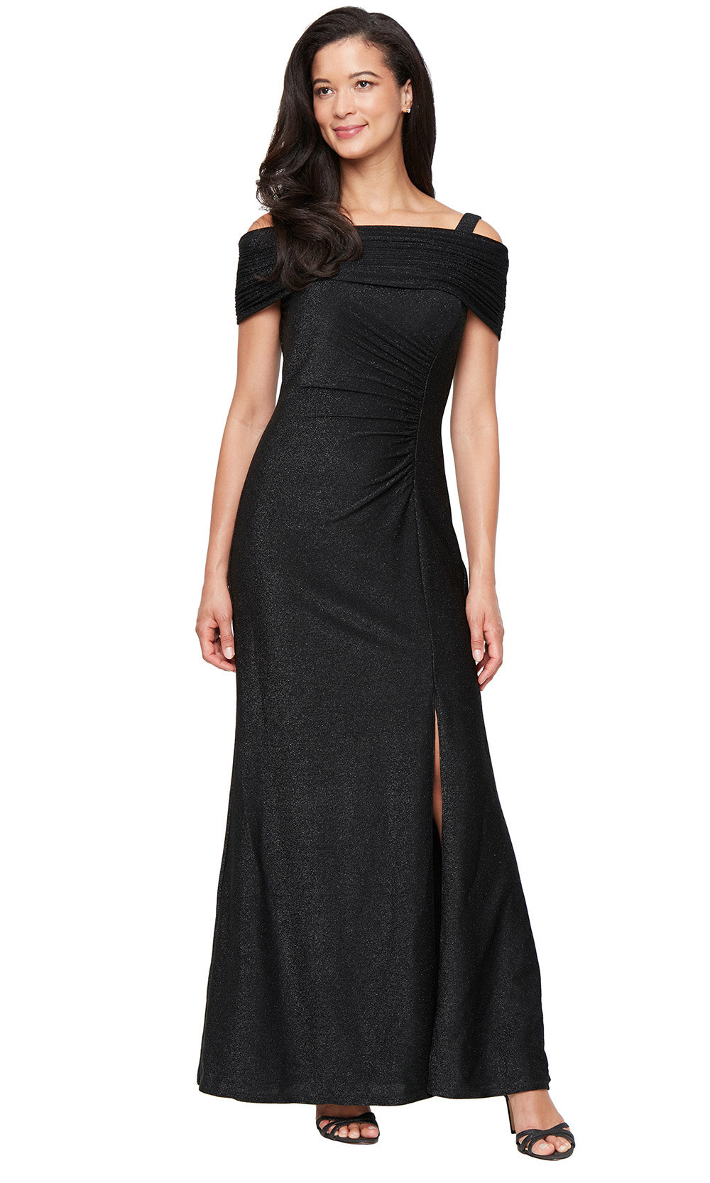S.L. Fashions 9127301 - Off Shoulder Ruched Gown with Slit