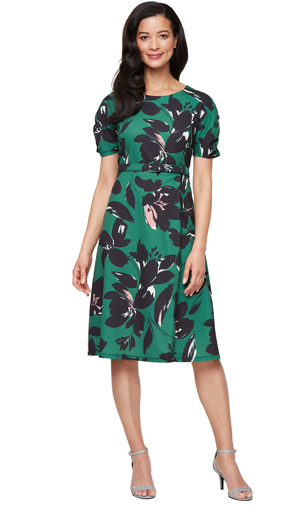 S.L. Fashions 9130266 - Floral Print Belted A-Line Dress S.L. Fashions 9130266 - Floral Print Belted A-Line Dress