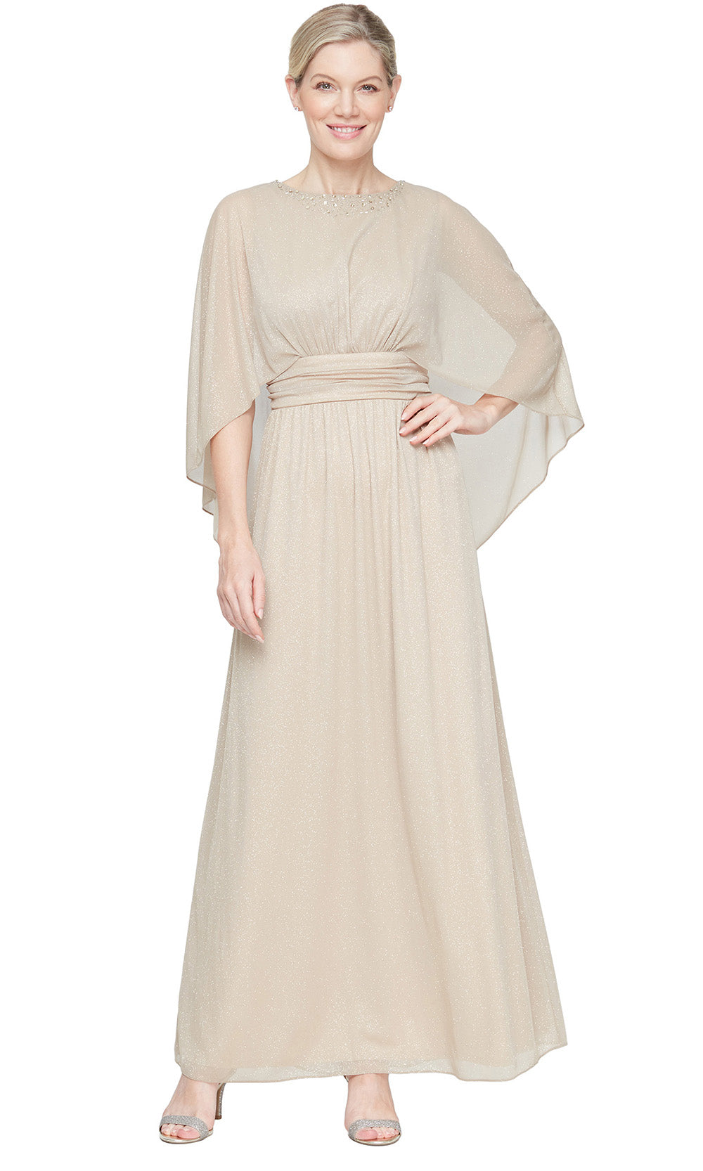 S.L. Fashions 9133253 - Long 100% Polyester A-line Dress - Beaded Accent, Ruched Waistband, Capelet Sleeves, Full Back, Concealed Back Zipper Couture Candy S.L. Fashions 9133253 - Long 100% Polyester A-line Dress - Beaded Accent, Ruched Waistband, Capelet Sleeves, Full Back, Concealed Back Zipper Couture Candy