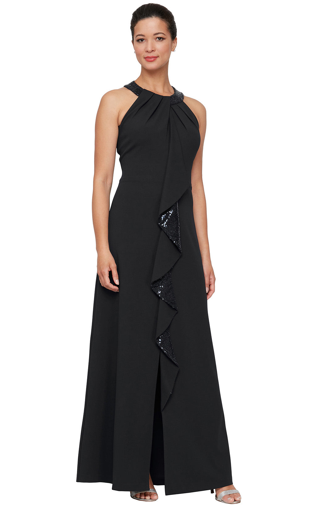 S.L. Fashions 9137197 - Long 96% Polyester 4% Spandex A-line Dress - Sleeveless, Pleated Front, Cascading Ruffle Detail, Sequin, Front Slit, Full Back Couture Candy S.L. Fashions 9137197 - Long 96% Polyester 4% Spandex A-line Dress - Sleeveless, Pleated Front, Cascading Ruffle Detail, Sequin, Front Slit, Full Back Couture Candy