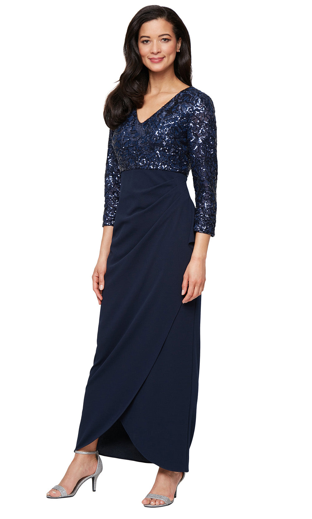 S.L. Fashions 9196489 - Long Bodice: 96% Polyester, 4% Spandex Skirt: 95% Polyester, 5% Spandex Mesh/Lining: 100% Polyester Column Dress - Three-Quarter Sleeves, Wrap Style Skirt, Sparkle Embellishments, Full Back Couture Candy S.L. Fashions 9196489 - Long Bodice: 96% Polyester, 4% Spandex Skirt: 95% Polyester, 5% Spandex Mesh/Lining: 100% Polyester Column Dress - Three-Quarter Sleeves, Wrap Style Skirt, Sparkle Embellishments, Full Back Couture Candy