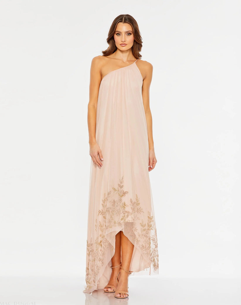 Mac Duggal Women's Flowy One Shoulder Asymmetrical Beaded Gown
