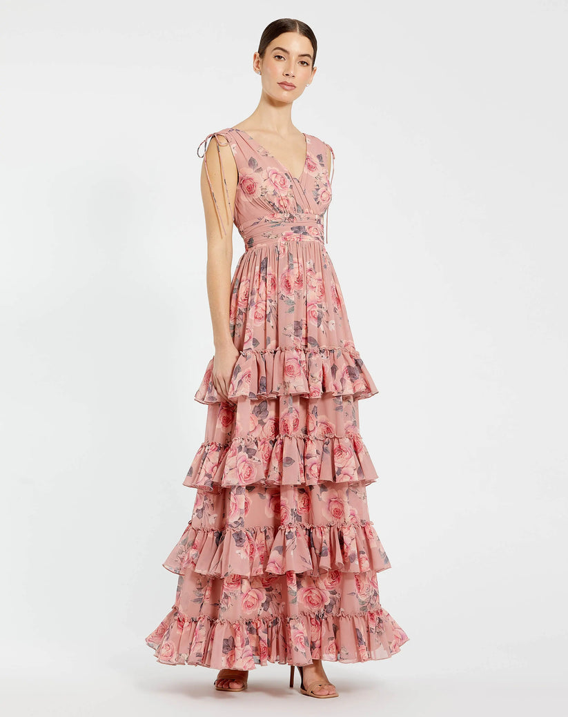 mac duggal tiered ruffle party dress Pink Tiered Ruffle Halter Neck Midi Dress