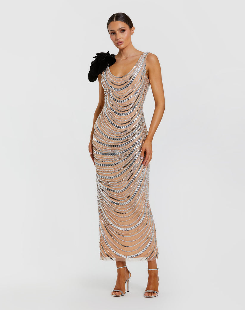 Mac Duggal Sequin Cowl Midi Dress with Velvet Flower - Silver Nude Mac Duggal Sequin Cowl Midi Dress with Velvet Flower - Silver Nude