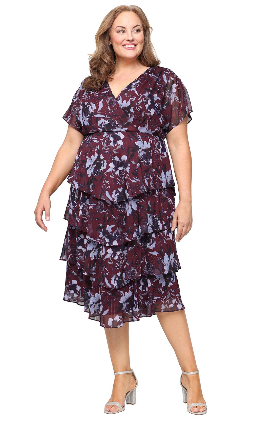 S.L. Fashions 9472147 - Tiered Floral Dress with Flutter Sleeves S.L. Fashions 9472147 - Tiered Floral Dress with Flutter Sleeves