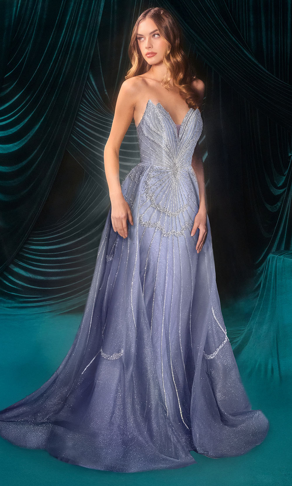 Strapless Long Ombre Beaded Prom Dress with Overskirt Blue / 14