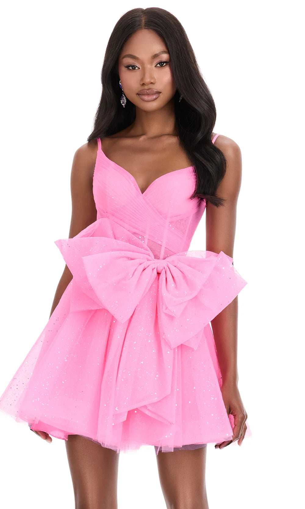 Ashley Lauren 4819 - Short Glitter Tulle A-line Dress - Crisscross Ruched Detail, Spaghetti Straps, Oversized Bow Accent, Scoop Back Couture Candy Ashley Lauren 4819 - Short Glitter Tulle A-line Dress - Crisscross Ruched Detail, Spaghetti Straps, Oversized Bow Accent, Scoop Back Couture Candy