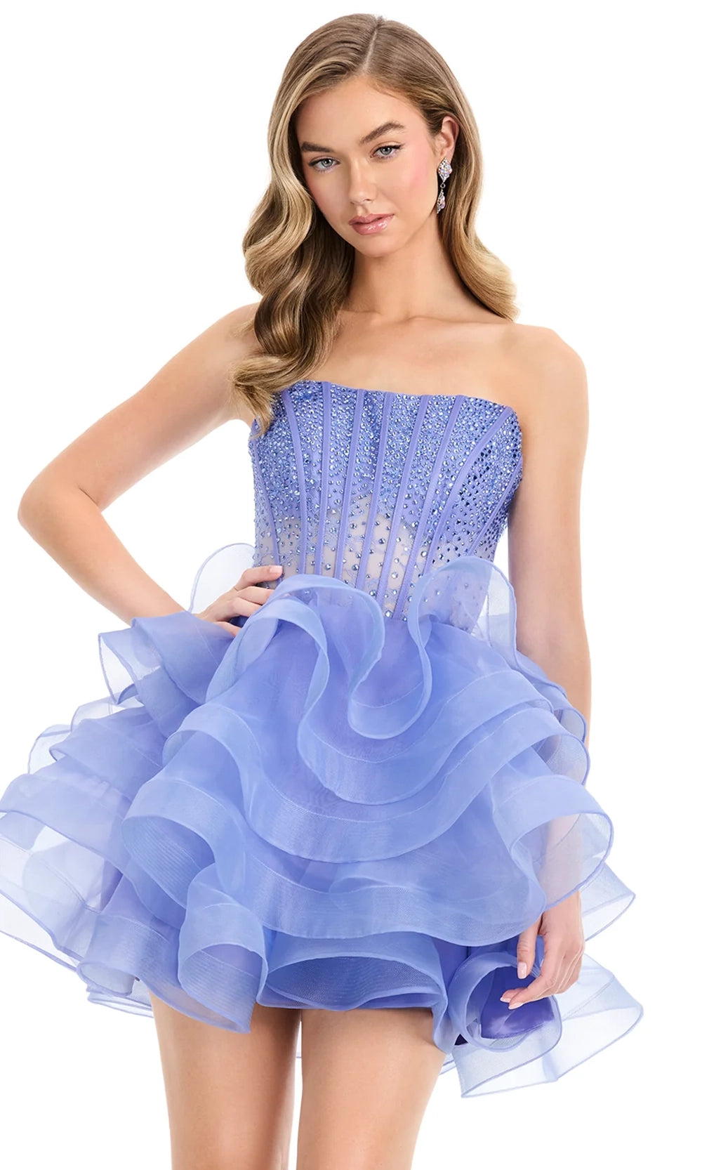 Ashley Lauren 4883 - Short Organza A-line Dress - Strapless, Sheer Corset Bodice, Crystal Beaded Embellishments, Tiered Ruffle Skirt, Horsehair Trim 2 Ashley Lauren 4883 - Short Organza A-line Dress - Strapless, Sheer Corset Bodice, Crystal Beaded Embellishments, Tiered Ruffle Skirt, Horsehair Trim 2