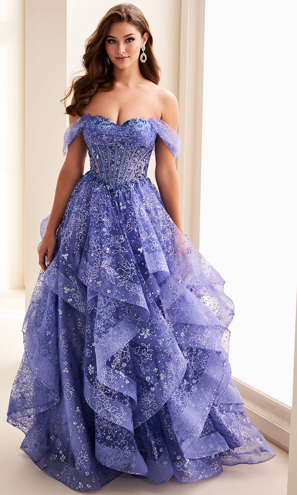 Ellie Wilde EW37043 - Long Cracked ice, Lace Applique, Sequin, Stone Accents Ballgown Dress