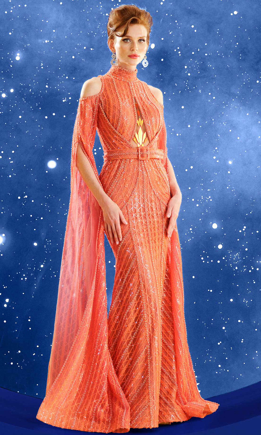orange cape sleeve dress Chiffon A-Line Dress, Pleated Bodice, Feathers, Cape Sleeves, Waist Belt, Purple Hints Orange / FR 42