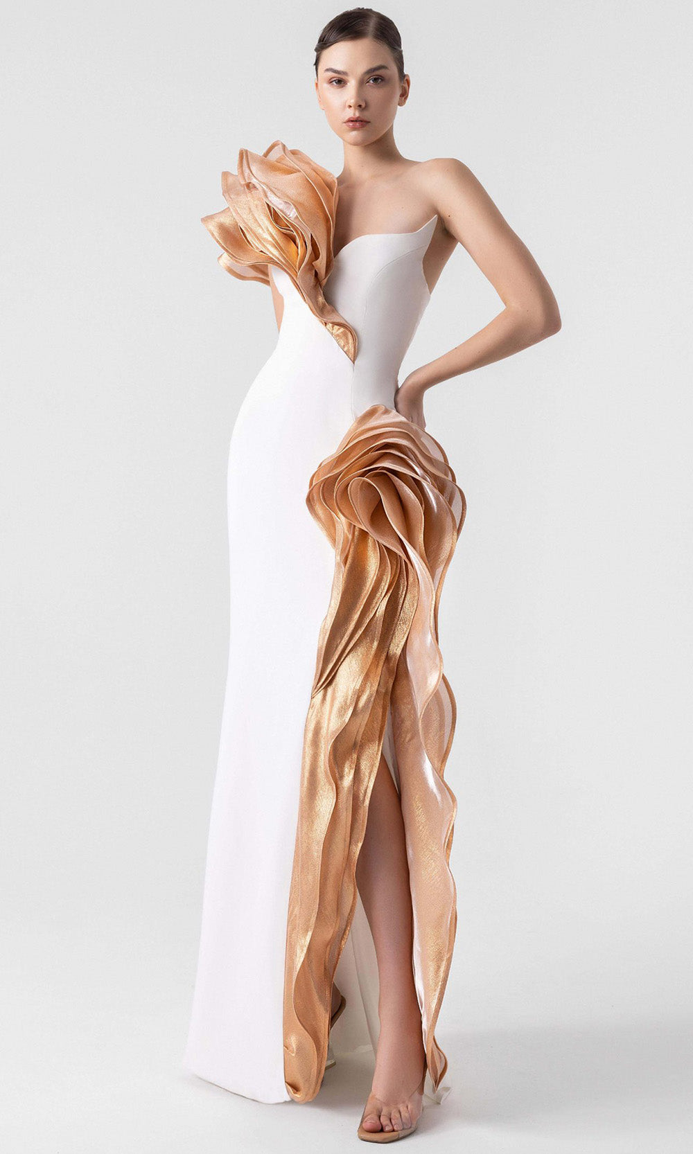 MNM Couture G1925 - Ruffle Accent Asymmetric Crepe Gown MNM Couture G1925 - Ruffle Accent Asymmetric Crepe Gown
