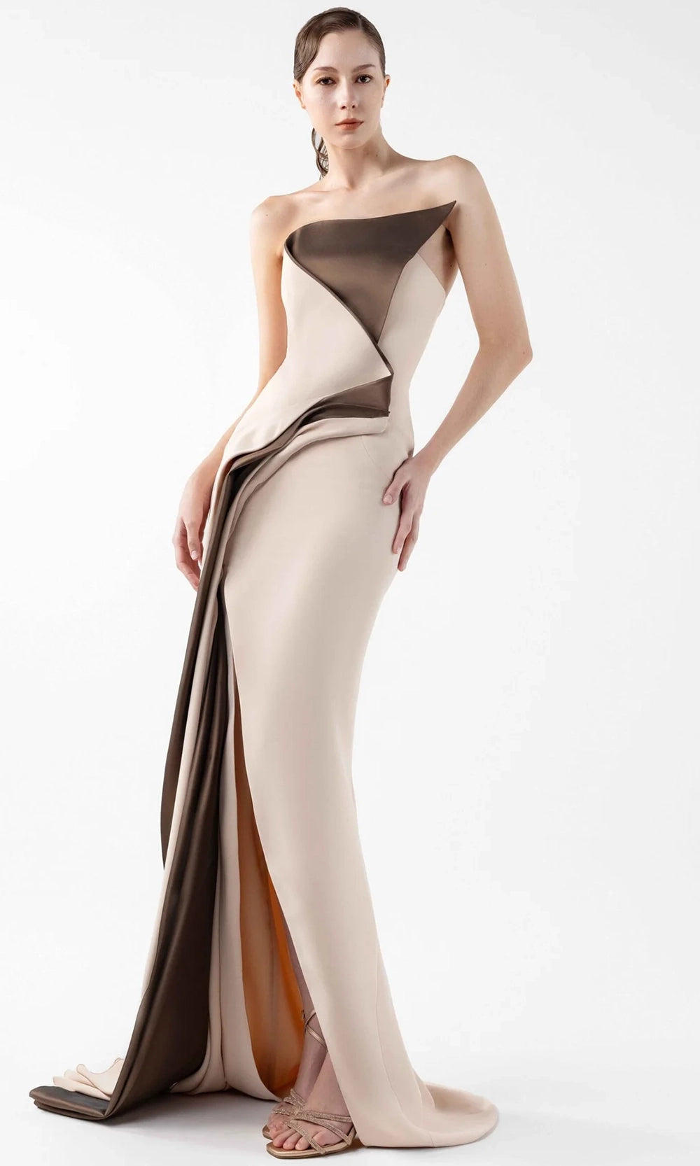 MNM Couture G2011 - Asymmetric Crepe Gown with Sculptural Draping MNM Couture G2011 - Asymmetric Crepe Gown with Sculptural Draping