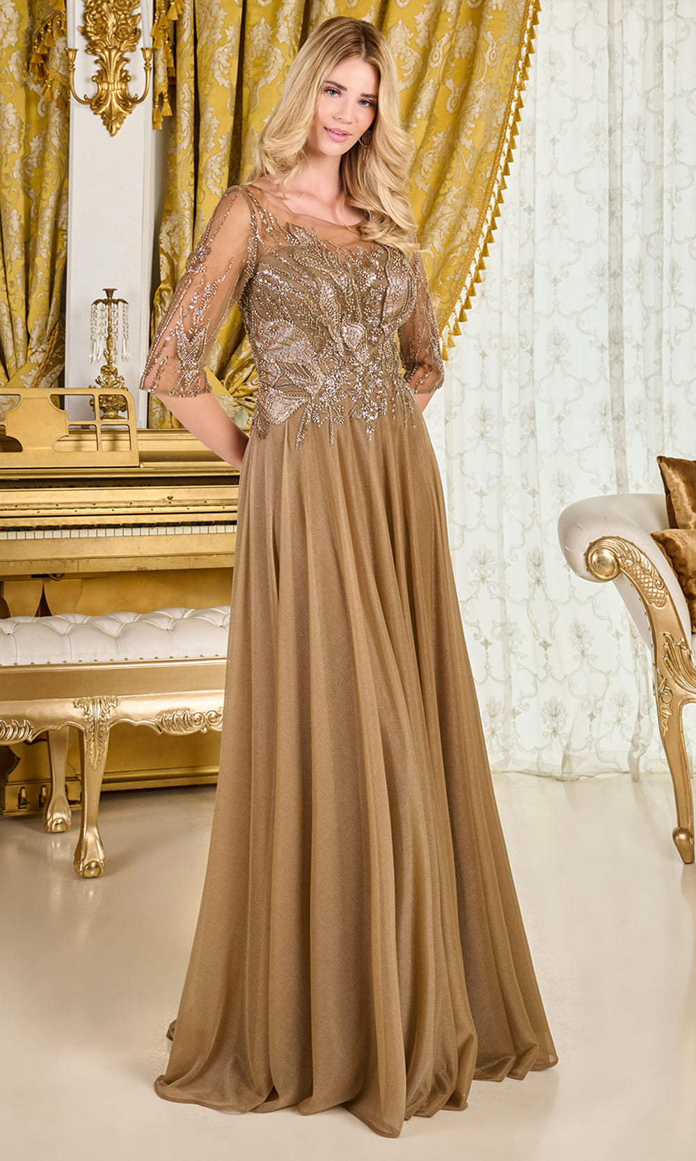 GLS by Gloria GL3786 - Long Jersey, Mesh A-line Dress