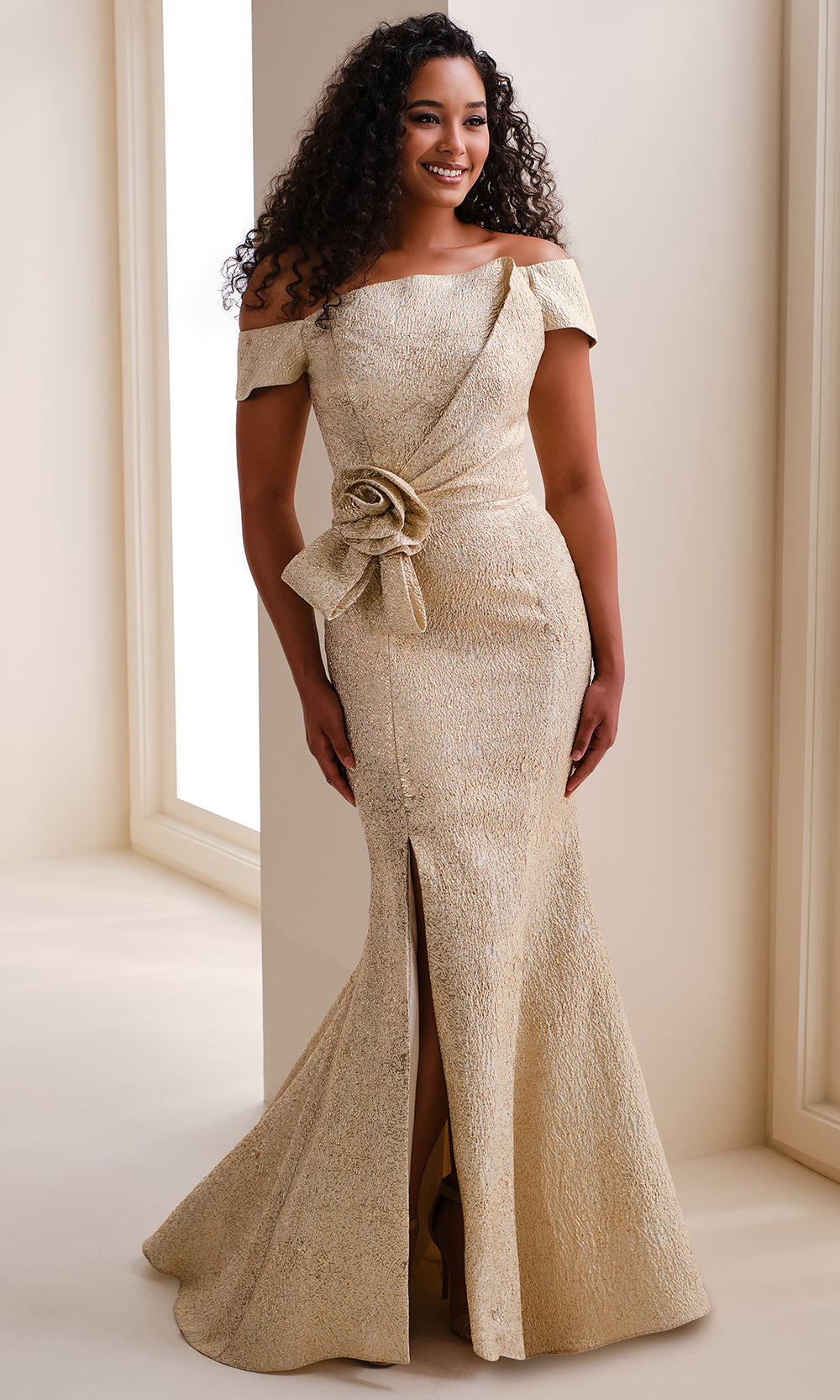 Ivonne D ID1204 - Long Brocade Mermaid Dress - Cap Sleeves, Wrapped Bodice, Rosette Detail, Side Slit, Back Zipper Closure, Sweep Train 20 / Gold - Ivonne D ID1204 - Long Brocade Mermaid Dress - Cap Sleeves, Wrapped Bodice, Rosette Detail, Side Slit, Back Zipper Closure, Sweep Train 20 / Gold -
