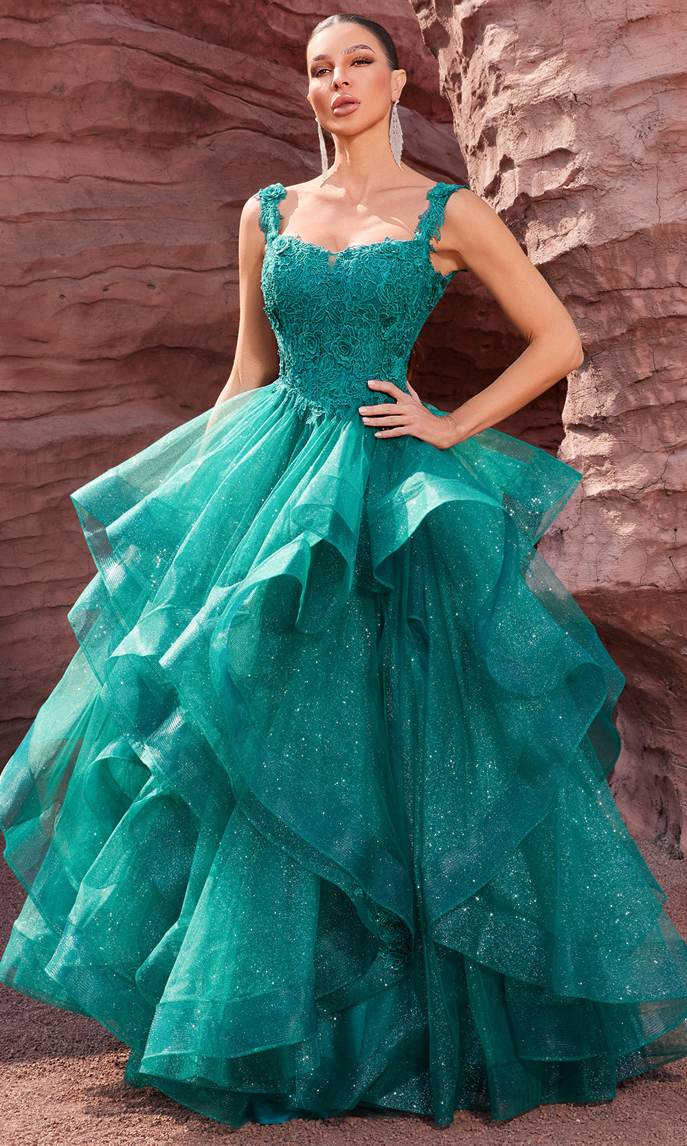 J'Adore Dresses J27001 - Long Lace, Sparkle tulle Ballgown Dress