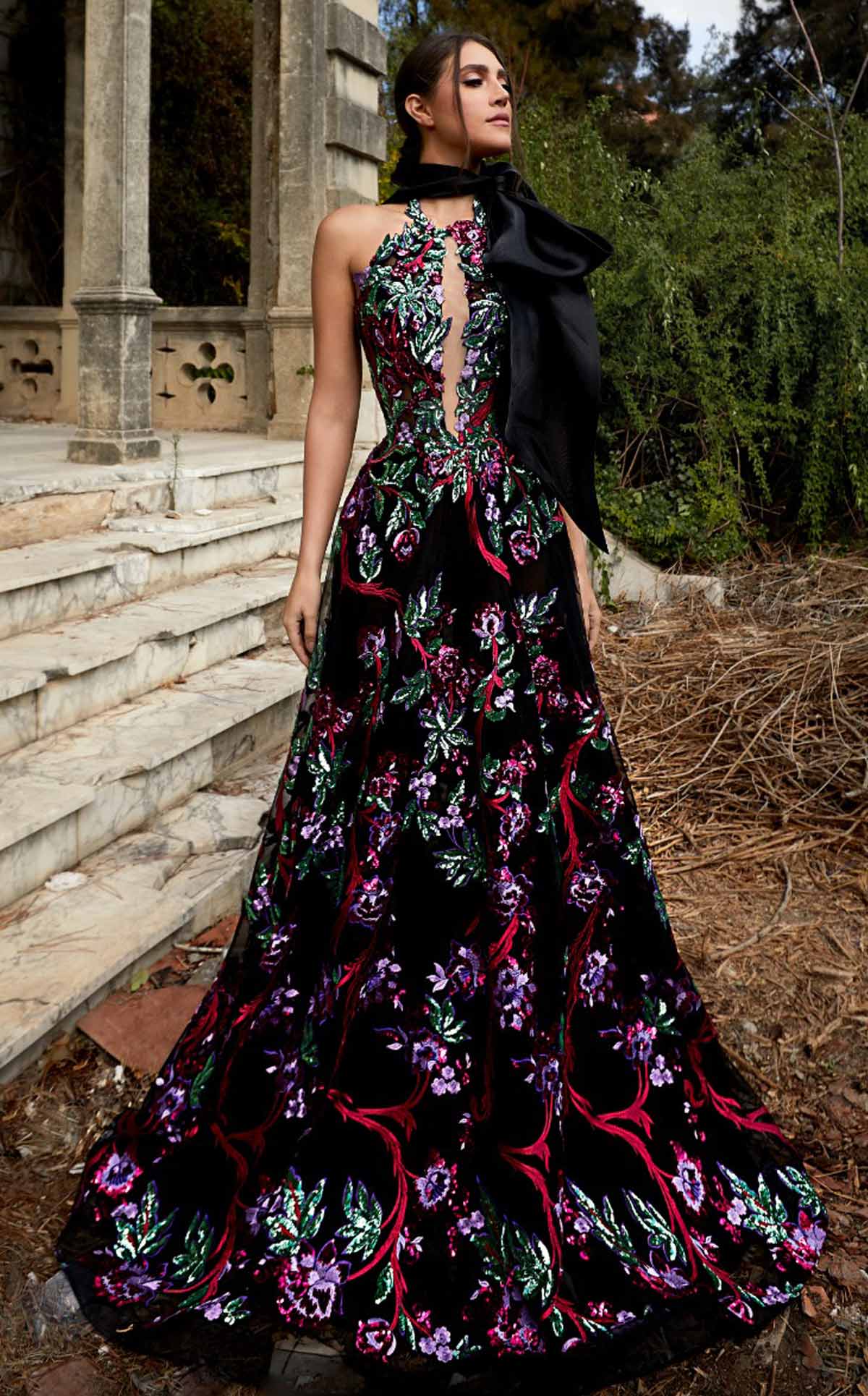 Black Floral Embroidered Halter Evening Gown by MNM Couture K3951 Black / 18 Black Floral Embroidered Halter Evening Gown by MNM Couture K3951 Black / 18