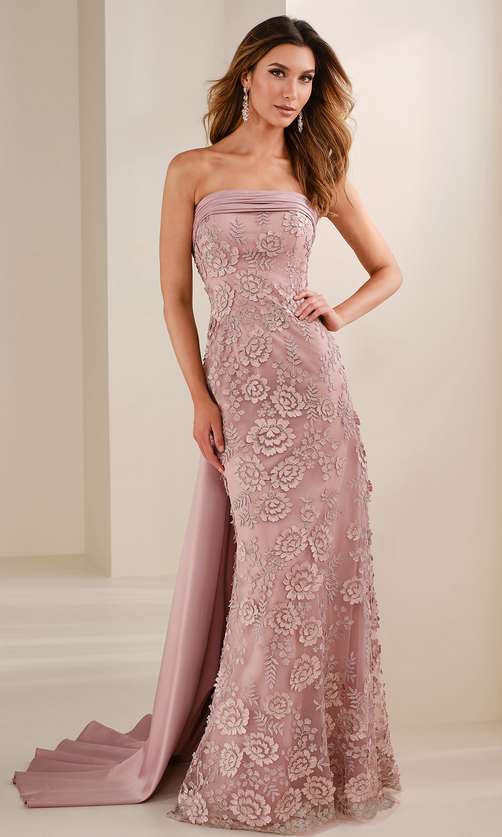 Montage by Mon Cheri M3110 - Long Embroidered Tulle & Crepe Satin Sheath Dress - Strapless, Floral Embroidery, Detachable Watteau Train, Detachable Montage by Mon Cheri M3110 - Long Embroidered Tulle & Crepe Satin Sheath Dress - Strapless, Floral Embroidery, Detachable Watteau Train, Detachable