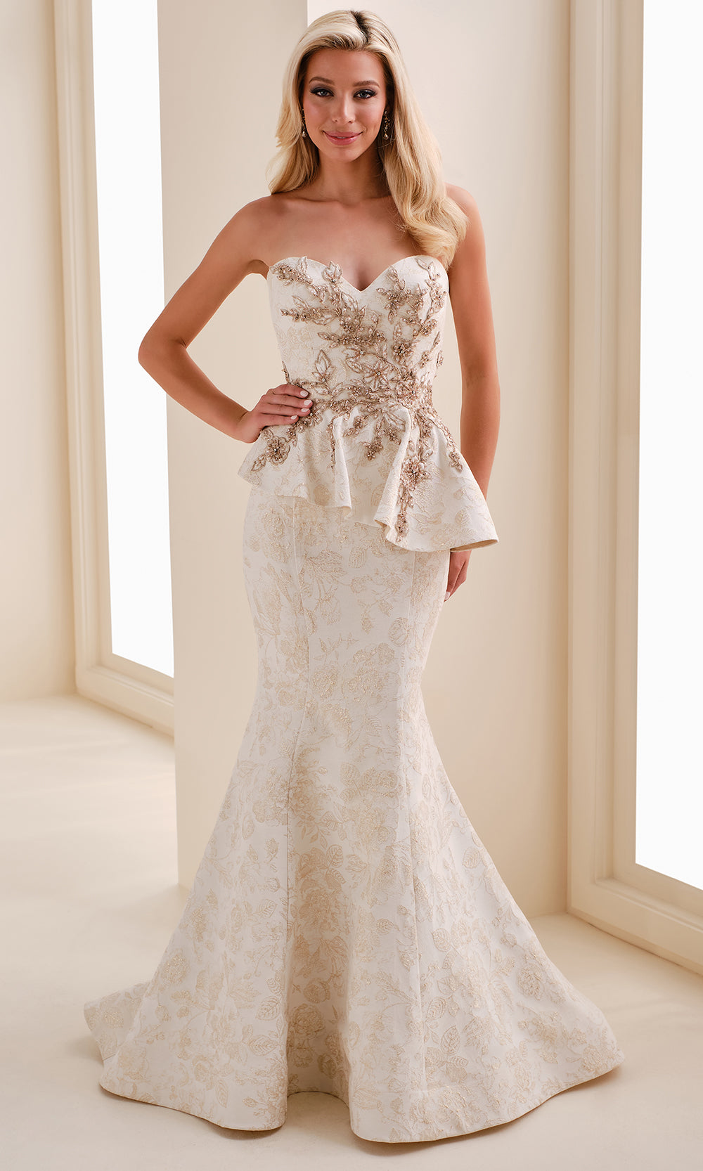 Montage by Mon Cheri M4208BRCD - Long Brocade, Lace Applique, Beading & Stone Accents Mermaid Dress - Strapless, Peplum Waist Detail, Lace Applique, Montage by Mon Cheri M4208BRCD - Long Brocade, Lace Applique, Beading & Stone Accents Mermaid Dress - Strapless, Peplum Waist Detail, Lace Applique,