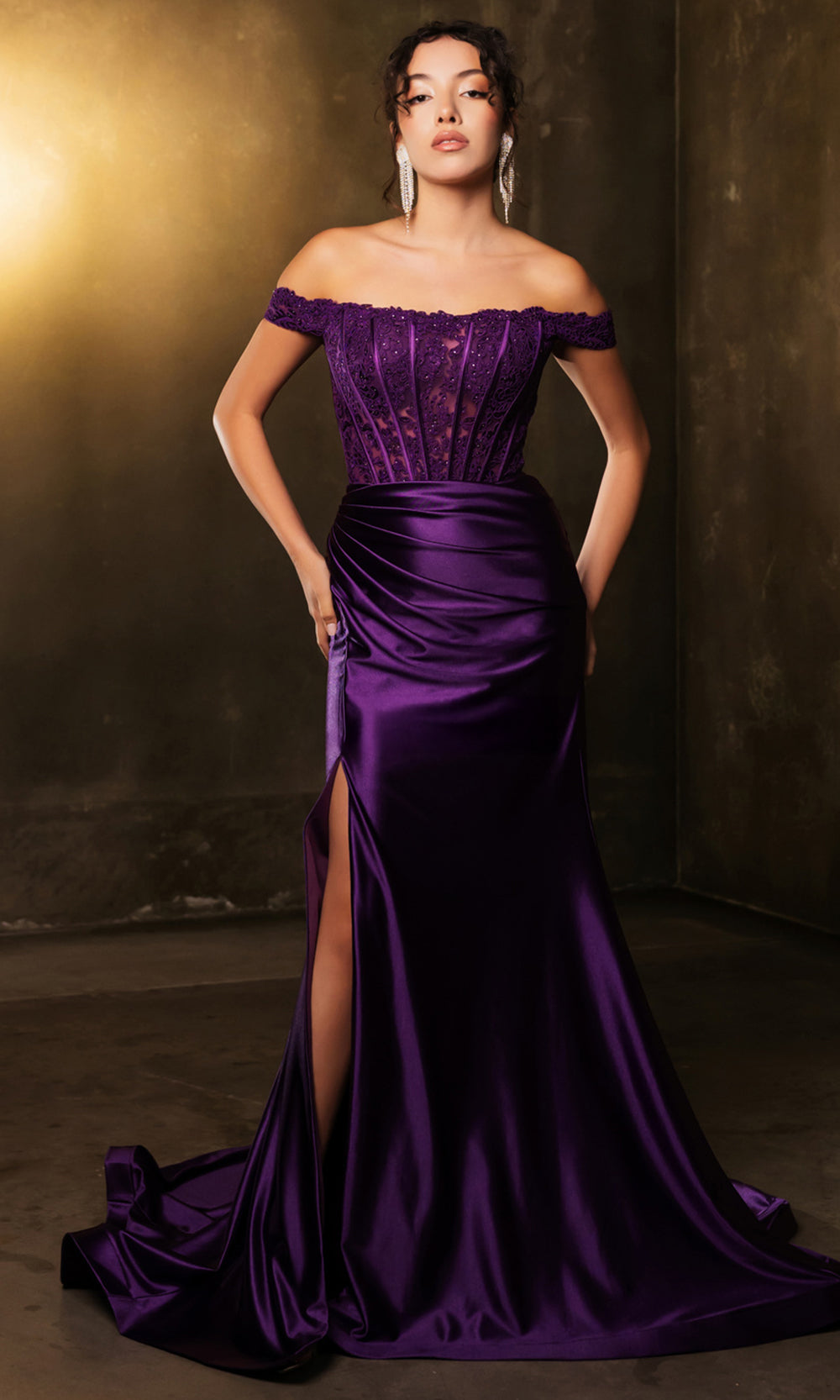 May Queen MQ2146 - Long Satin Sheath Dress - Lace Corset Bodice, Beaded Embellishments, Cap Sleeves, Ruched Skirt, High Slit, Sweep Train 6 / Eggplant May Queen MQ2146 - Long Satin Sheath Dress - Lace Corset Bodice, Beaded Embellishments, Cap Sleeves, Ruched Skirt, High Slit, Sweep Train 6 / Eggplant