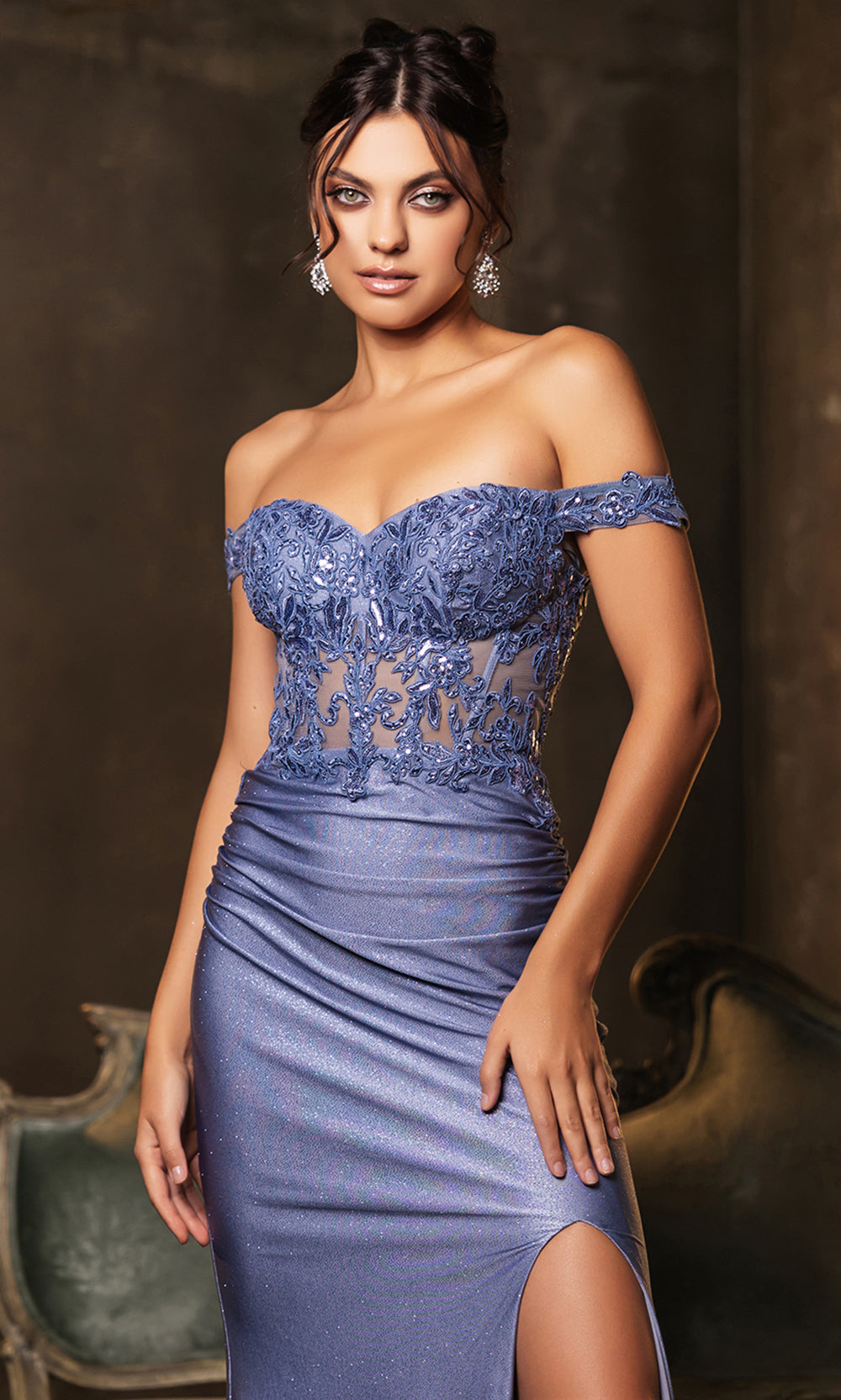May Queen MQ2148 - Long Lycra Sheath Dress - Lace Applique Bodice, Sequin, Off Shoulder Sleeves, Ruched Glitter Skirt, High Slit Couture Candy May Queen MQ2148 - Long Lycra Sheath Dress - Lace Applique Bodice, Sequin, Off Shoulder Sleeves, Ruched Glitter Skirt, High Slit Couture Candy