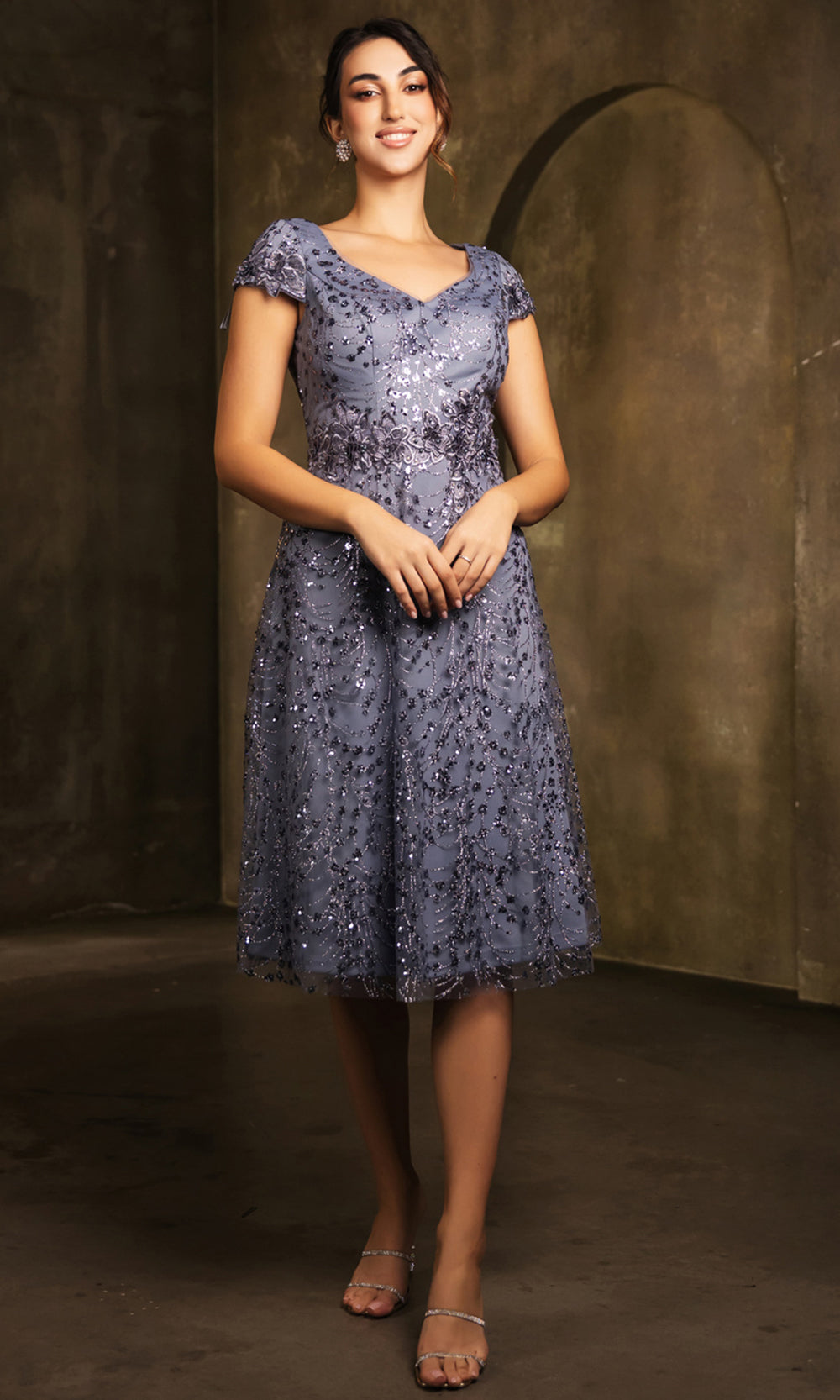 May Queen MQ2162 - Tea-Length Tulle A-line Dress - Cap Sleeves, Sequin Embellishments, Floral Lace Appliques, Illusion Full Back Couture Candy May Queen MQ2162 - Tea-Length Tulle A-line Dress - Cap Sleeves, Sequin Embellishments, Floral Lace Appliques, Illusion Full Back Couture Candy