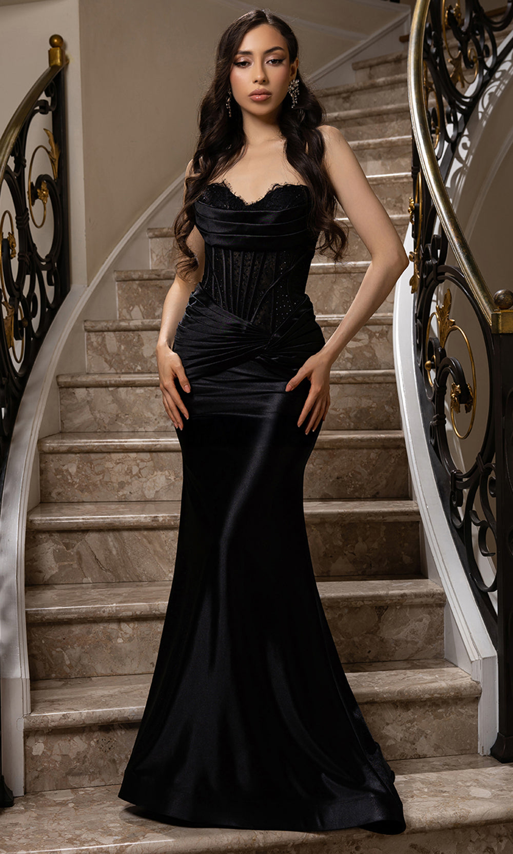 May Queen MQ2186 - Long Mermaid Dress - Strapless, Pleated Detailing, Beaded, Lace Trim, Sheer Corset Bodice, Floor Length Hem Couture Candy May Queen MQ2186 - Long Mermaid Dress - Strapless, Pleated Detailing, Beaded, Lace Trim, Sheer Corset Bodice, Floor Length Hem Couture Candy