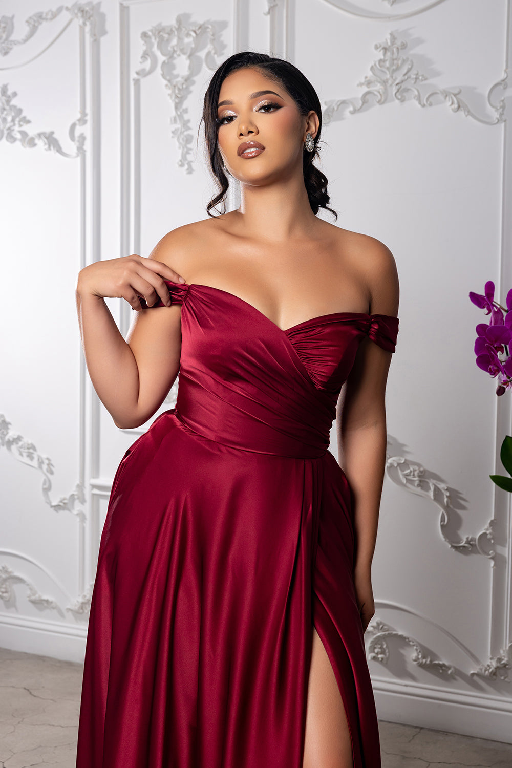 May Queen MQ2187 - Long A-line Dress - Off Shoulder Sleeves, Ruched Detailing, Pockets, High Slit, Floor Length 6 / Ivory