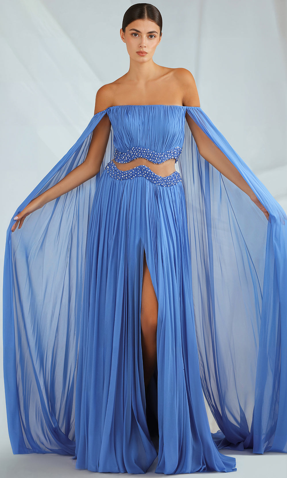 chiffon pleated cape dress Onyx Cady Column Gown with Pleated Satin Chiffon Cape