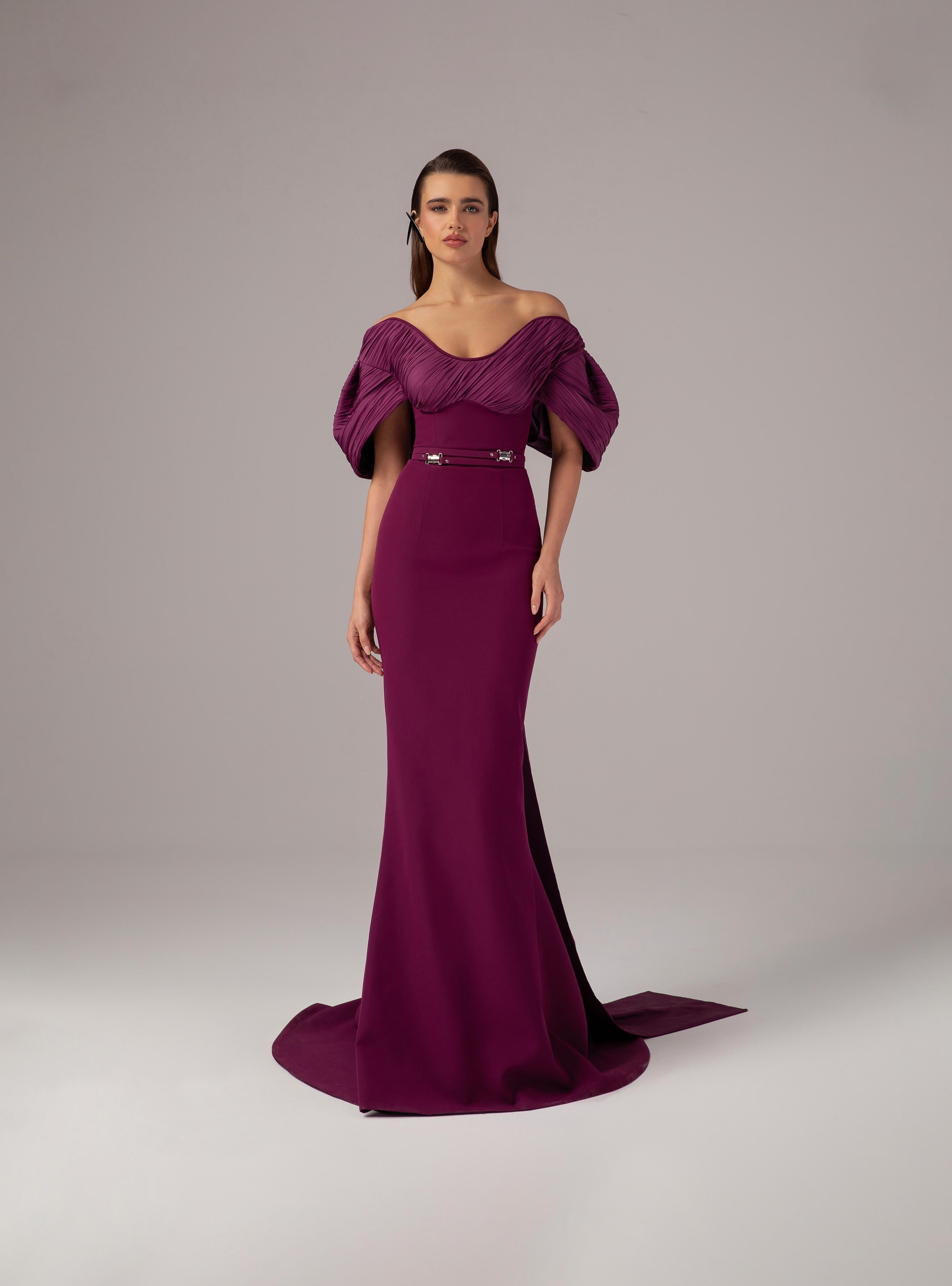 MNM Couture E0088 - Long Rayon Crepe, Organza Mermaid Dress - Off Shoulder Ruched Bodice, Puffed Structured Sleeves, Belted Waist, Long Cape, Sweep Train Couture Candy MNM Couture E0088 - Long Rayon Crepe, Organza Mermaid Dress - Off Shoulder Ruched Bodice, Puffed Structured Sleeves, Belted Waist, Long Cape, Sweep Train Couture Candy