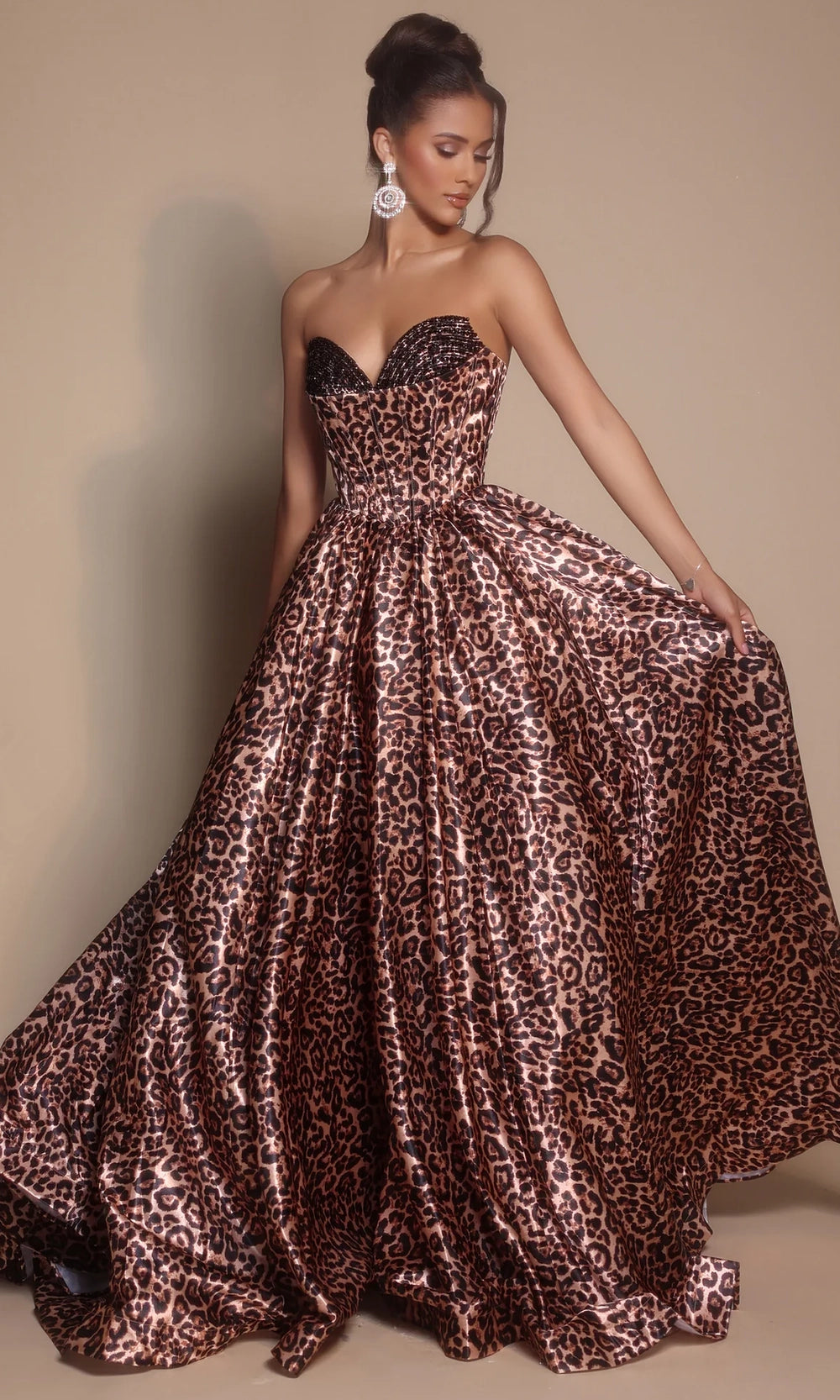Portia and Scarlett PS26188 - Long Ballgown Dress - Beaded Bust, Strapless, Leopard Print, Low Open Back, Sweep Train Couture Candy Portia and Scarlett PS26188 - Long Ballgown Dress - Beaded Bust, Strapless, Leopard Print, Low Open Back, Sweep Train Couture Candy