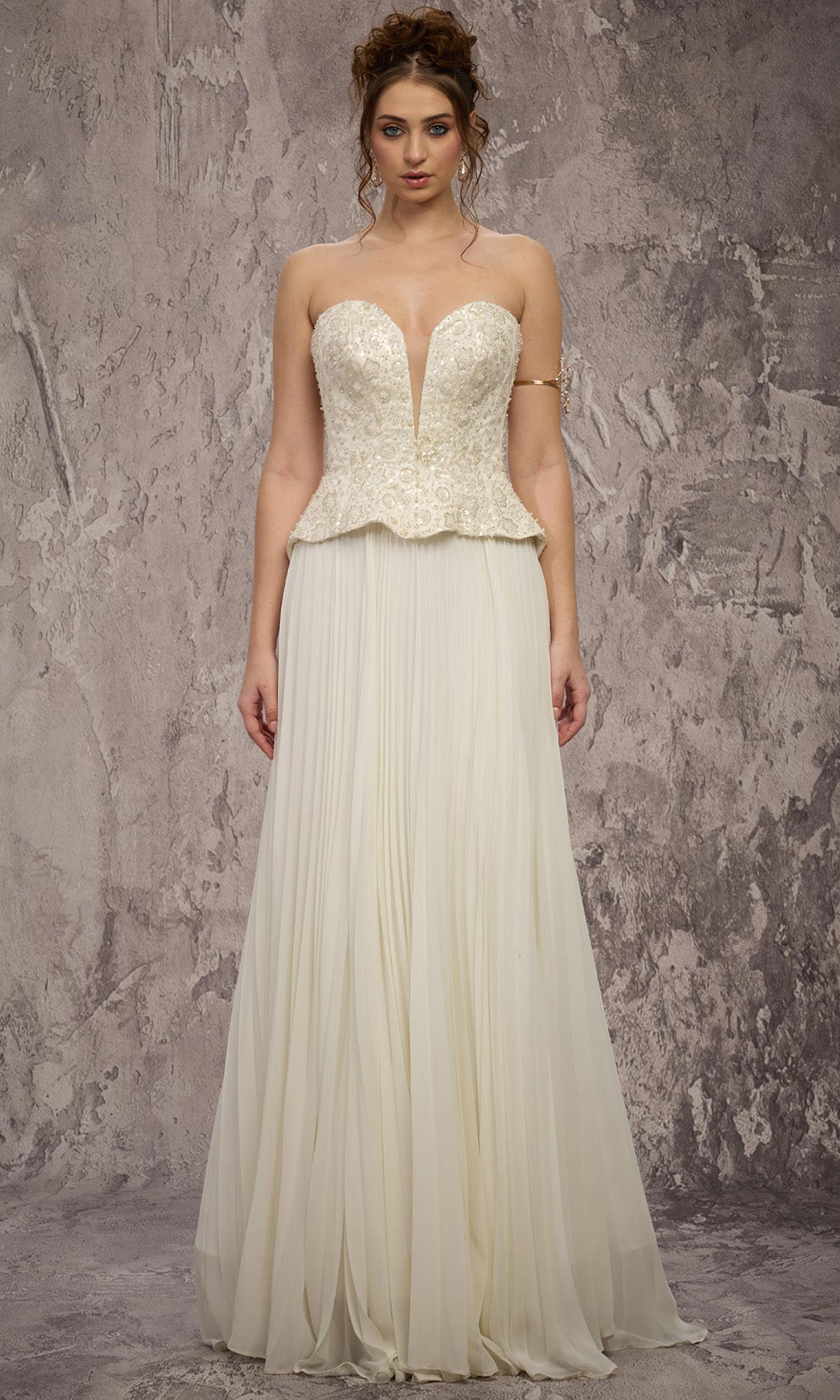 peplum chiffon dress MNM COUTURE Q7715 - Long Chiffon A-line Dress - Strapless, Peplum Detail, Lace-Up Back, Pleated Full Skirt, Beaded Embellishments 12 / Grey*