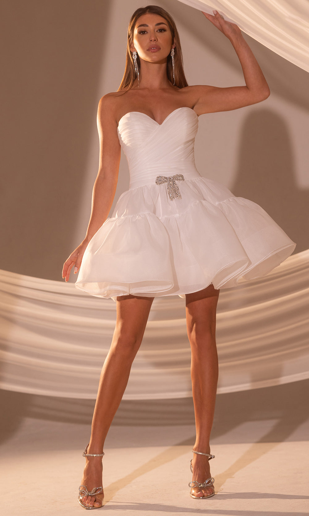 Sweetheart Strapless Organdy Mini Bridal Dress with Ruched Bodice and Beaded Bow Rachel Allan RB1002 - Ivory / 0 Sweetheart Strapless Organdy Mini Bridal Dress with Ruched Bodice and Beaded Bow Rachel Allan RB1002 - Ivory / 0