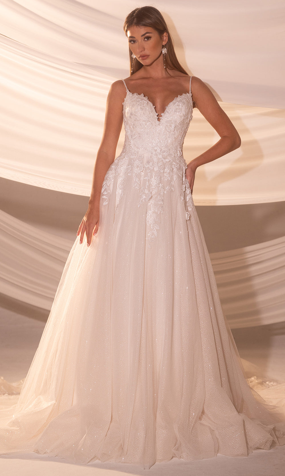 Rachel Allan Bridal RB5107 - Long Tulle, Glitter Tulle A-line Dress - Spaghetti Straps, 3D Flower Applique, Embroidery, Beaded, Sweep Train Couture Candy Rachel Allan Bridal RB5107 - Long Tulle, Glitter Tulle A-line Dress - Spaghetti Straps, 3D Flower Applique, Embroidery, Beaded, Sweep Train Couture Candy