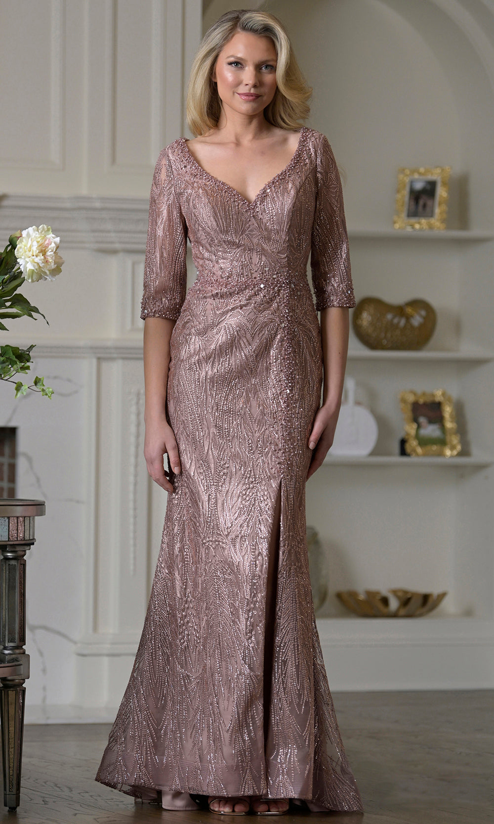 formal dress with elbow length sleeves Lauren Ralph Lauren Silver Sequined Elbow Sleeve Gown Long Evening Dress 2 NWOT