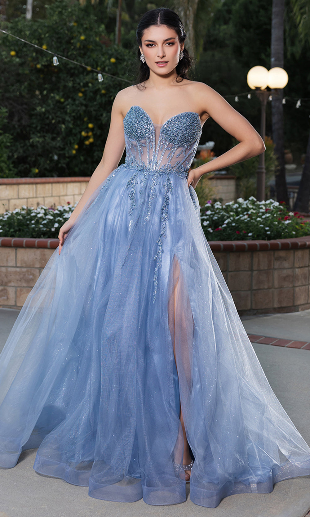 May Queen RQ8184 - Long Tulle A-Line Dress - Strapless, Illusion Corset Bodice, Beaded, Layered Skirt, High Slit, Sweep Train 6 / Navy - Shop May May Queen RQ8184 - Long Tulle A-Line Dress - Strapless, Illusion Corset Bodice, Beaded, Layered Skirt, High Slit, Sweep Train 6 / Navy - Shop May