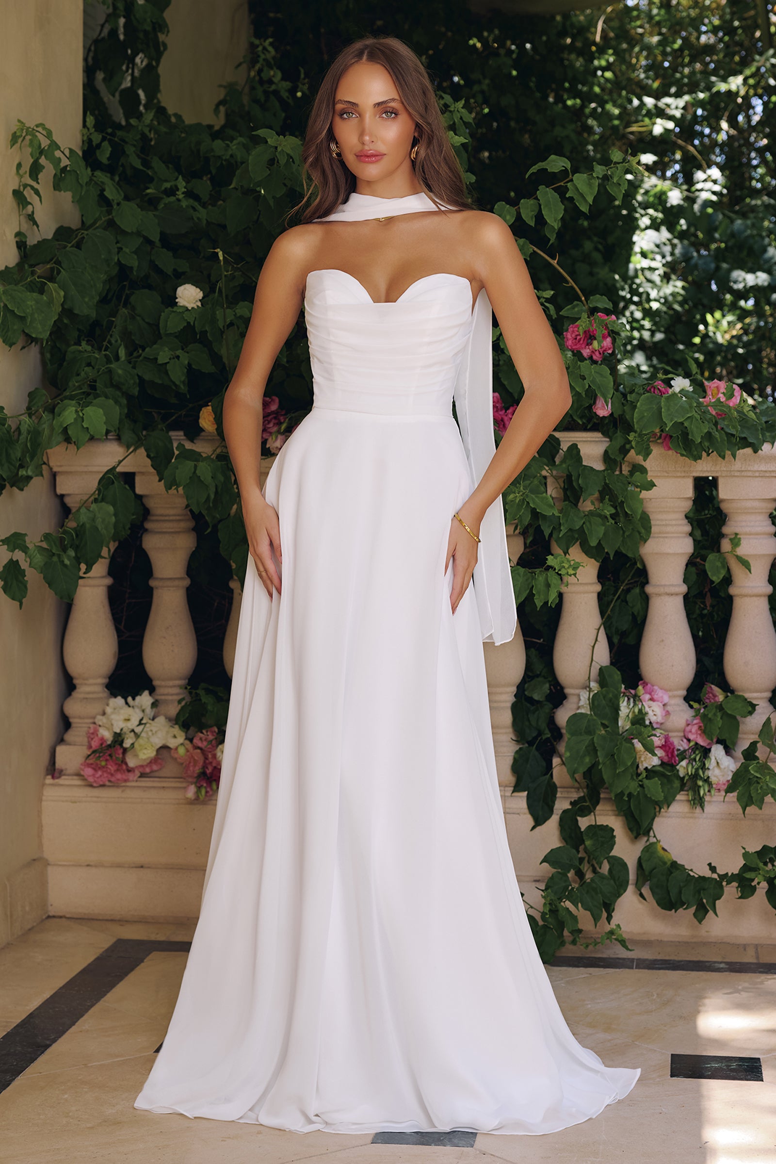 Amoris by Ladivine T703W - Long Chiffon A-Line Dress - Ruched Bodice, Strapless, Model Bust Cup, Lace-Up Back, Scarf, Sweep Train 2X / Off White - Amoris by Ladivine T703W - Long Chiffon A-Line Dress - Ruched Bodice, Strapless, Model Bust Cup, Lace-Up Back, Scarf, Sweep Train 2X / Off White -