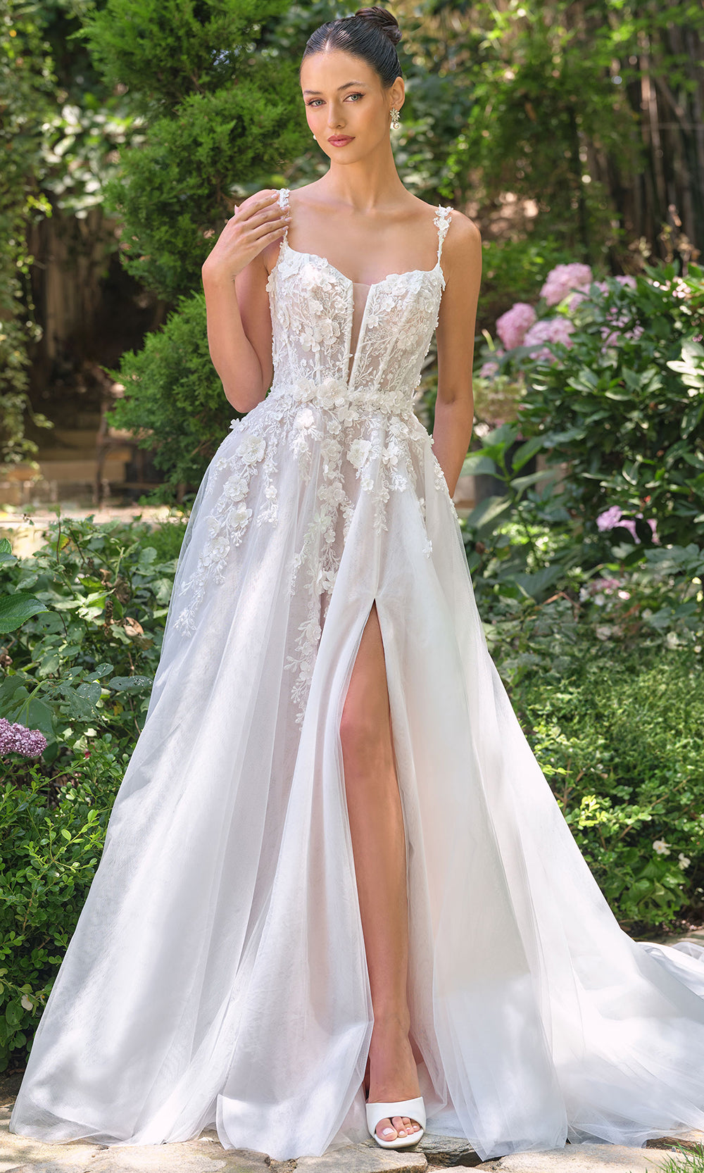 Andrea and Leo WL063 - Long Floral Lace Appliqué Over Layered Tulle A-Line Dress