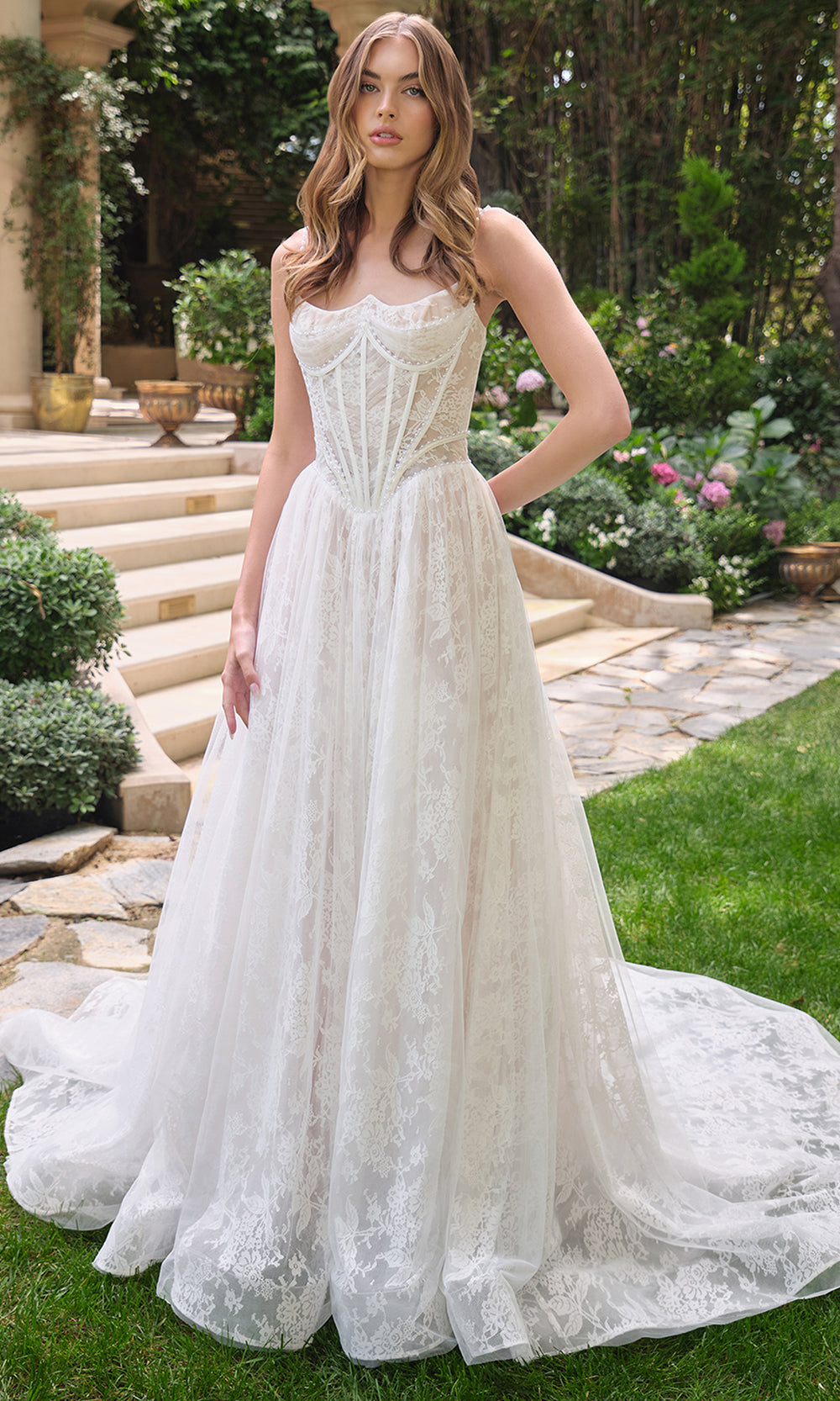 Andrea and Leo WL069 - Long Soft Tulle And Floral Lace Overlay A-Line Dress - Pearl Strap, Corset Structured Bodice, Sleeveless, Lace-Up Back, Long Train, Horsehair Hem Couture Candy Andrea and Leo WL069 - Long Soft Tulle And Floral Lace Overlay A-Line Dress - Pearl Strap, Corset Structured Bodice, Sleeveless, Lace-Up Back, Long Train, Horsehair Hem Couture Candy