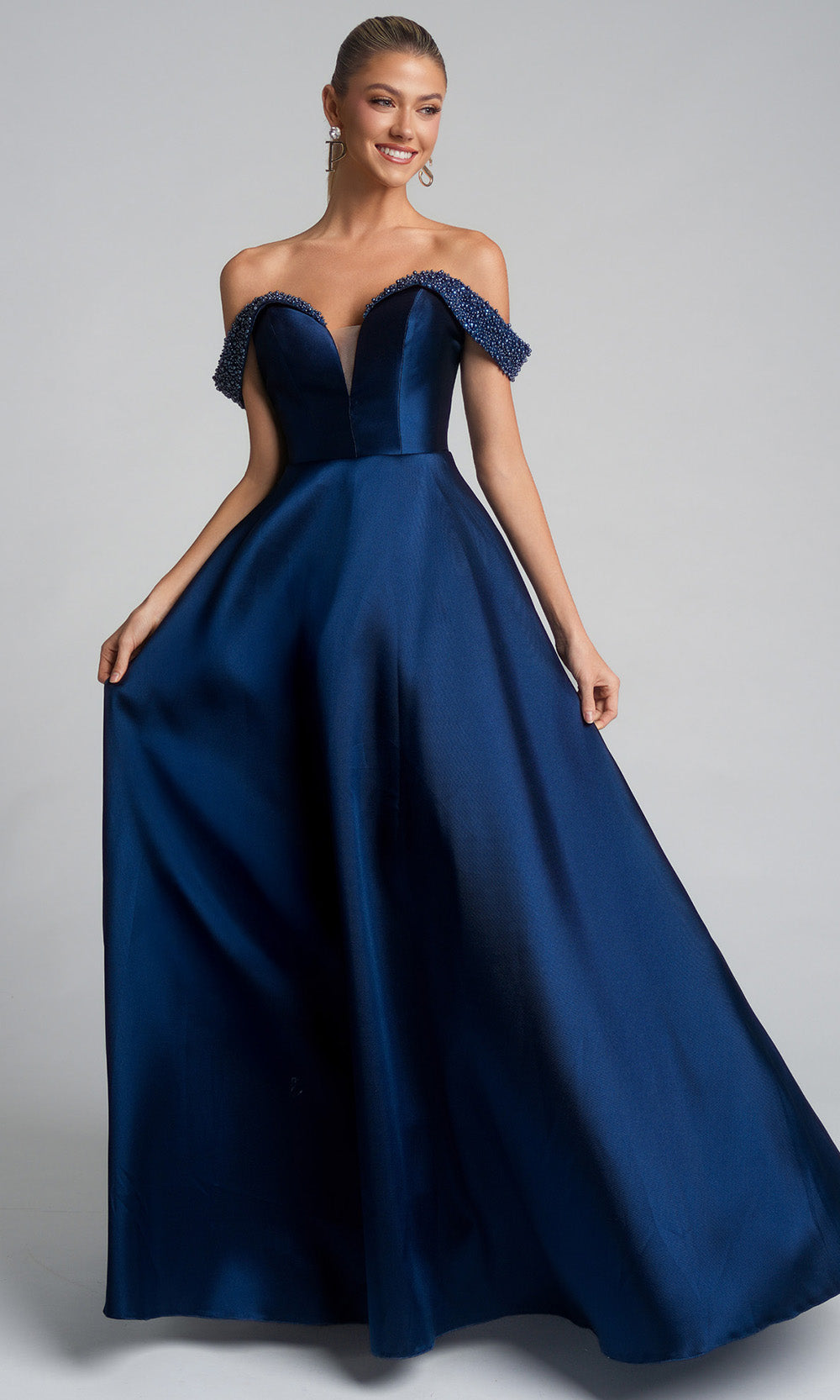 Portia and Scarlett XO117 - Long A-line Dress - Off Shoulder Beaded Sleeves, Illusion Inset, Mid-Open Back, Full-Length Couture Candy Portia and Scarlett XO117 - Long A-line Dress - Off Shoulder Beaded Sleeves, Illusion Inset, Mid-Open Back, Full-Length Couture Candy